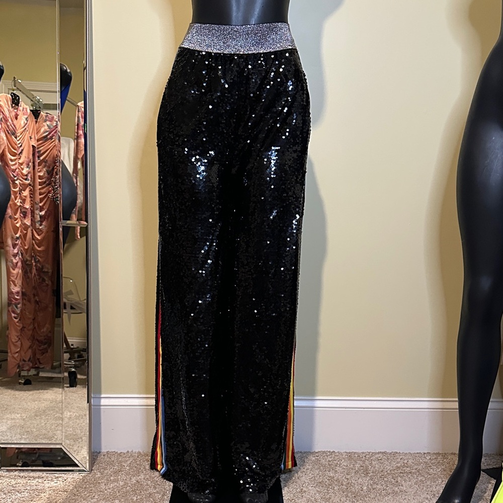 Black Sequin Pants with Silver Waistband